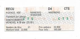 72 T - RECU TICKET TRAMWAY  - STRASBOURG (CTS - Compagnie Transport Strasbourgeois) Aller - Simple AGENCE HDF - Europa