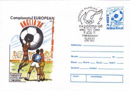Coupe Du EUROPE De Football  1996 Anglia,covers Stationery,entier Postal Cachet Timisoara, Roumanie. - Championnat D'Europe (UEFA)