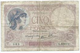 Cinq Francs -violet 3=8=14 1939 RH - 5 F 1917-1940 ''Violet''