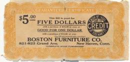 Boston Furniture CO 5 Dollars Guaranteed  Sertificate - Autres & Non Classés