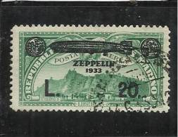 SAN MARINO 1933 POSTA AEREA AIR MAIL ZEPPELIN LIRE 20 SU 3 VERDE TIMBRATO USED - Poste Aérienne