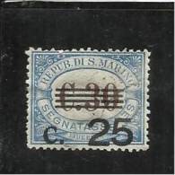 REPUBBLICA DI SAN MARINO 1936 - 1939 SEGNATASSE SOPRASTAMPATO OVERPRINTED CENT. 25 SU 30c MNH BEN CENTRATO - Strafport