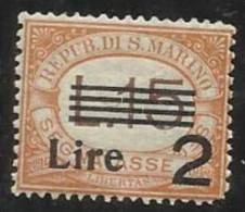 REPUBBLICA DI SAN MARINO 1936 - 1939 SEGNATASSE SOPRASTAMPATI OVERPRINTED LIRE 2 SU 15 MNH BEN CENTRATO - Timbres-taxe