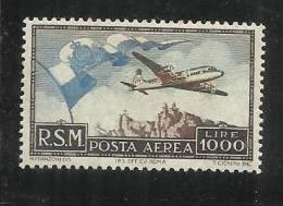 SAN MARINO 1951 POSTA AEREA AIR MAIL BANDIERA AEREO E VEDUTA FLAG PLANE VIEW LIRE 1000 MNH CERTIFICATO - Luftpost