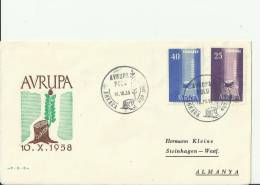 EUROPA CEPT 1958 - TURKEY   FDC ADDRESSED TO GERMANY  W 2 STAMPS OF 25-40 K POSTM ANKARA OCT 10 RETUEU50 - 1958