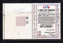 FRANCE N° 1408 25C+5C CARMIN BLEU ROUGE ET NOIR APPEL DU GAL DE GAULLE PAPIER BLEUTE CADRE CASSE - Nuovi