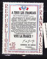 FRANCE N° 1408 25C+5C CARMIN BLEU ROUGE ET NOIR APPEL DU GAL DE GAULLE PAPIER BLEUTE CADRE ROUGE PARSEME DE BLEU - Unused Stamps