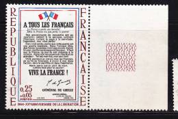 FRANCE N° 1408 25C+5C CARMIN BLEU ROUGE ET NOIR APPEL DU GAL DE GAULLE PAPIER BLEUTE CADRE ROUGE BRISE ET BEU A GAUCHE - Unused Stamps