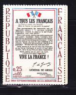 FRANCE N° 1408 25C+5C CARMIN BLEU ROUGE ET NOIR APPEL DU GAL DE GAULLE  CADRE BLEU ET ROUGE TRES RAPPROCHE - Unused Stamps