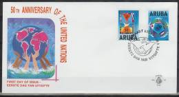 Mzl056fb 50 JAAR VERENIGDE NATIES DUIF 50 YEARS UNITED NATIONS UNO BANNER FLAG EARTH BIRD PIGEON DOVE ARUBA 1995 FDC - Palomas, Tórtolas