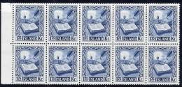 ICELAND 1953 Manuscripts 1k75 Block Of 10  MNH  / **.  Michel 290 Cat. €250 - Unused Stamps