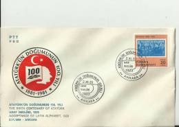 TURKEY 1981 – FDC 100 YEARS ATATURK BIRTH – ACCEPTANCE OF LATIN ALPHABET 1928 W 1 ST OF 20 LS – ANKAR0 LS – ANKARA AUG 5 - Storia Postale