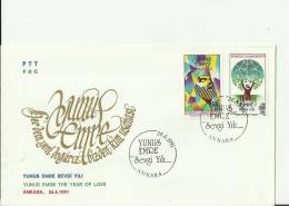 TURKEY 1991– FDC YUNUS EMRE THE YEAR OF LOVE  W 2ST OF 500+100-1500+100  LS – ANKARA   JUN 26 REF203 - Unused Stamps