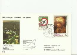 TURKEY 1988 -FDC CARD  FIRST FLIGHT LUFTHANSA LH 1589- B 737 BOEING ANKARA-DUSSELDORF ADDRESSED W 2 STS OF 30-150 LS ANK - Brieven En Documenten