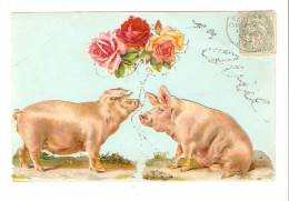 CPA : Carte Fantaisie : 1er Avril  1 Cochon Offrant Un Bouquet De Roses à Une Truie  Paillettes ( Cochons " Ajoutis") - April Fool's Day