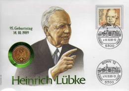 Numisbrief Demokratie 1989 Numisletter Bundesbank 1DM In Gold + BRD 1157 O 20€ Porträt Präsident Lübke Cover Of Germany - 1 Mark