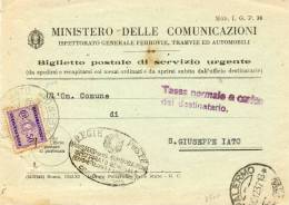 1937 CARTOLINA INTESTATA MINISTERO DELLE COMUNICAZIONI  CON ANNULLO PALERMO - Segnatasse
