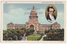 USA, AUSTIN TEXAS TX ~ STATE CAPITOL BUILDING ~ STEPHEN  F. AUSTIN PORTRAIT ~ C1940s Vintage Unused Linen Postcard - Austin