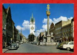 * ALLEMAGNE-STRAUBING-Danau -Theresienplatz  Mit Stadtturm U. Dreifaltigkeits-Säule-1968(2 TIMBRES,Automobiles) - Straubing
