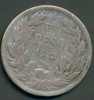 CHILE 1 PESO 1922 , SILVER COIN - Cile