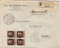 TRAPANI  /  PALERMO  28.11.1934 - Cover _ Lettera  Racc. Pubblic. " Avv. BALDASSARE D'ALI'  " - Quartina Di Cent. 30 - Reklame