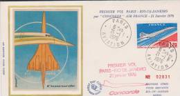 France 1976 Premier Vol Du Concorde Paris Rio De Janeiro Enveloppe Numéroter Timbre PA 49 - Primi Voli