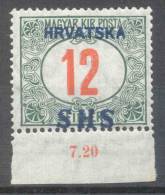 Jugoslawien – Yugoslavia – Issue For Croatia 1918 Postage Due 12 F Bottom Marginal MNH, Exp. VELICKOVIC BPP;Mi. P 30 - Postage Due