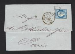 Lettre De 1876- GARE DE LYON (68)-Y&T N°60C- Ambulant LP- (De Rothschild) - 1871-1875 Ceres