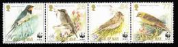 Isle Of Man MNH Scott #860 Strip Of 4 Swallow, Spotted Flycatcher, Skylark, Yellowhammer - Birds - WWF Emblem - Swallows