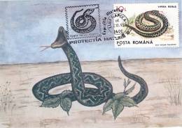 SERPENTS,EXPEDITION PHILATELIC,CM,CARTE MAXIM,MAXIM CARD,1993,ROMANIA - Serpenti