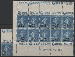 FRANCE - PUBLICITE N°217 **  SEMEUSE CAMEE 25C / 30C BLEU - BLOC DE 10 TIMBRES - PUBLICITE : GIBBS - Altri & Non Classificati