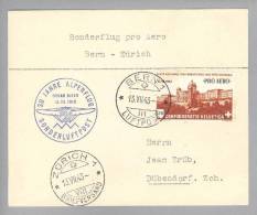 Schweiz Luftpost 1943-07-13 Bern-Zürich  Pro Aero 30 Jahre Alpenflug - Erst- U. Sonderflugbriefe