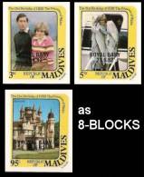 MALDIVE ISLANDS 1982. OVPT:Diana´s Baby William Castle. IMPERF.8-BLOCKS:3 ( 24 Stamps)  [non  Dentelé,Geschnitten] - Famous Ladies