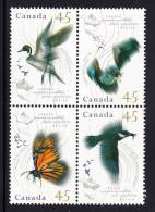 Canada MNH Scott #1566a Block Of 4 Monarch Butterfly, Belted Kingfisher, Northern Pintail, Hoary Bat - Migratory - Neufs