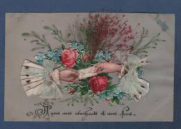 JOLIE CARTE POSTALE PORCELAINE AVEC DECOUPIS - MAINS AVEC LETTRE - NOEUDS - FLEURS ROSES ET MYOSOTIS - Cartes Porcelaine