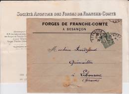 DOUBS - 1920 - ENVELOPPE Des FORGES De FRANCHE-COMTE à BESANCON Avec TIMBRE SEMEUSE PERFORE F.C - Other & Unclassified