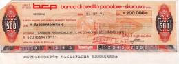 BANCA DI CREDITO POPOLARE - SIRACUSA  /  Assegno Circolare_Fino 500.000 Lire - Sonstige & Ohne Zuordnung