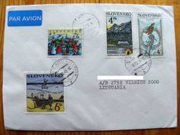 Cover Sent From Slovakia To Lithuania On 1999, Bird Philharmony, Plane Avion, Mountain, Children Snowmen - Covers & Documents