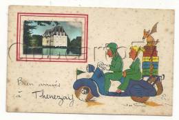Thenezay (79) : Vue Sur Le Château Et Touriste En Scooter Illustration Jen Pinn En 1950 (animée). - Thenezay