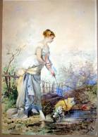 Delcampe - Belle Aquarelle De Pierre Marie BEYLE (1838 - 1902) Jeune Femme à L'ombrelle - Acquarelli