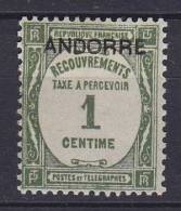 ## Andorra (French) 1931 Mi. 9     1 C Portomarke Von Frankreich Overprinted ANDORRE, MH* - Ungebraucht