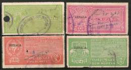 India Fiscal Travancore - Cochin State O/P KERALA 4 Diff To 4 Rs Type12 KM91-4 Court Fee Revenue Stamp Inde Indien #1302 - Travancore-Cochin