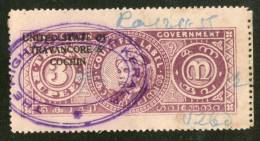 India Fiscal Travancore - Cochin State 3Rs Raja Kerala Varma II Type19 KM187 Court Fee Revenue Stamp Inde Indien # 3974B - Travancore-Cochin