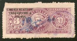 India Fiscal Travancore - Cochin State 3Rs Raja Kerala Varma II Type19 KM187 Court Fee Revenue Stamp Inde Indien # 3974C - Travancore-Cochin