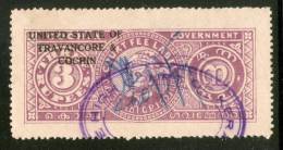 India Fiscal Travancore - Cochin State 3Rs Raja Kerala Varma II Type19 KM187 Court Fee Revenue Stamp Inde Indien # 3974D - Travancore-Cochin