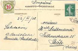 Bild-PK "Arc De Triomphe"von PARIS 22.XI.1908 Nach BASEL Mit Portomarke Nr.18 (unklassiert) - Segnatasse