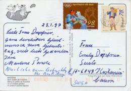 Portugal 1997 Picture Postcard From Funchal To Switzerland Franked With 98 E. Olympic Games Atlanta + 78 E. Cloth Seller - Ete 1996: Atlanta