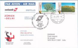 SWISS AIR .AIRBUS A INTERCONTINENTAL FIRST FLIGHT ZURICH-NEW DELHI 1991 - Covers & Documents