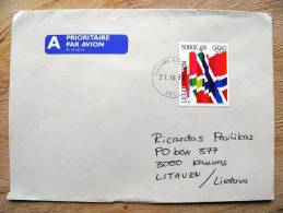 Cover Sent From Norway To Lithuania On 1992,  Olympic Games Lillehammer '94 Winter Sport Flags - Lettres & Documents