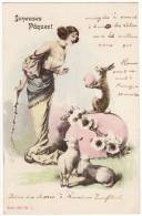 Carte Postale P Joyeuses Pâques Lapin Lièvre Tenant Oeuf Gros Oeuf Moutons Femme Collier Sautoir Fleurs Art Nouveau 1902 - Pasen